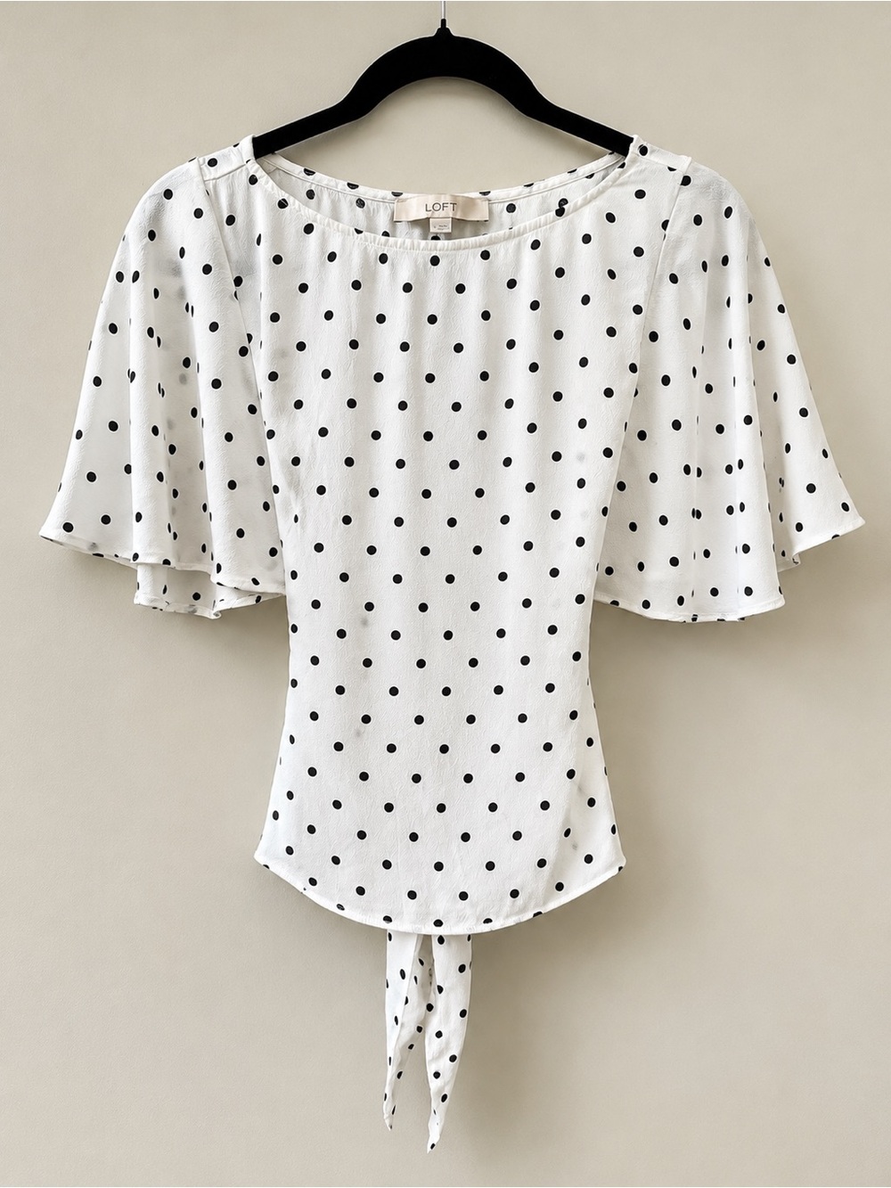 Loft White Black Polka Dot Tie Back Flutter Sleeve Blouse Size 6